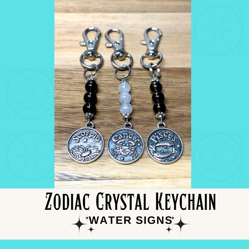 Water Sign Zodiac Crystal Keychain, Cancer, Scorpio, Pisces, Crystal Jewelry, Smoky quartz and Moonstone, Zipper Charm